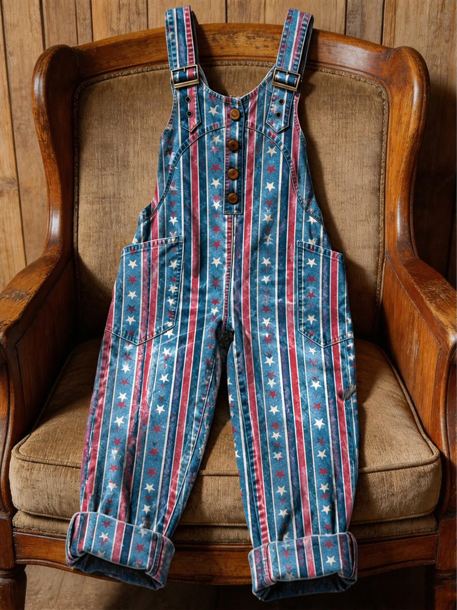 Women's Retro Style Art Print Washed Cotton Denim Patchwork Jumpsuit